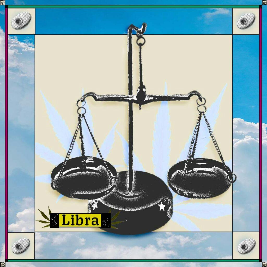 Scales on sky background with rounded pipes and the word "Libra"